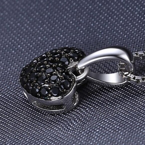Necklace jewelry heart love black spinel 925 sterling silver 18" long box chain - Picture 2 of 4